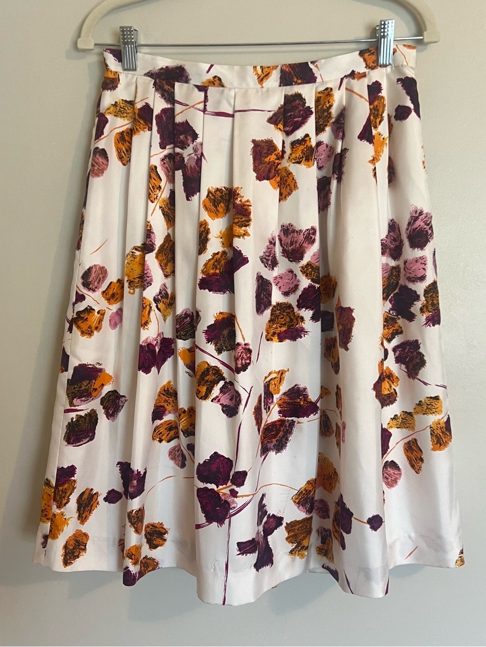 Perry Ellis White A-Line 100% Silk Skirt with Plum, Mustard & Blush Floral Print